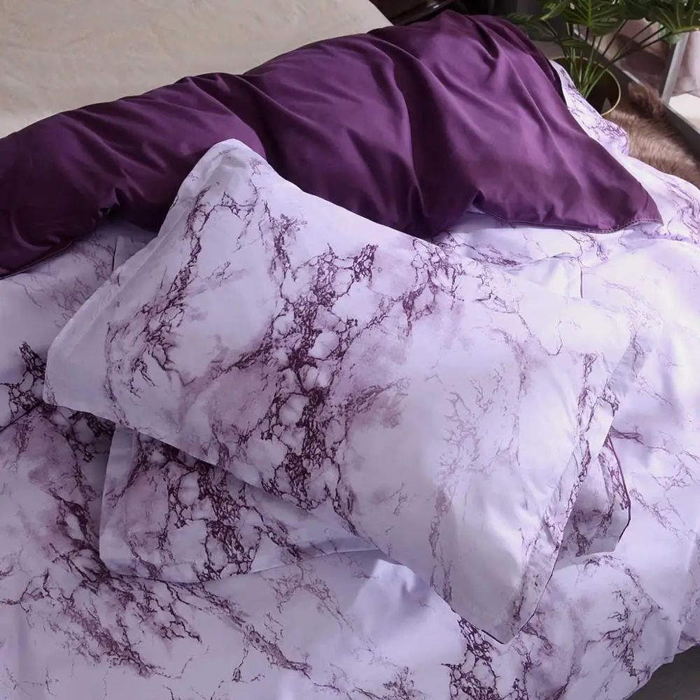 Комплект постельного белья с принтом мрамор белый фиолетовый пододеяльник