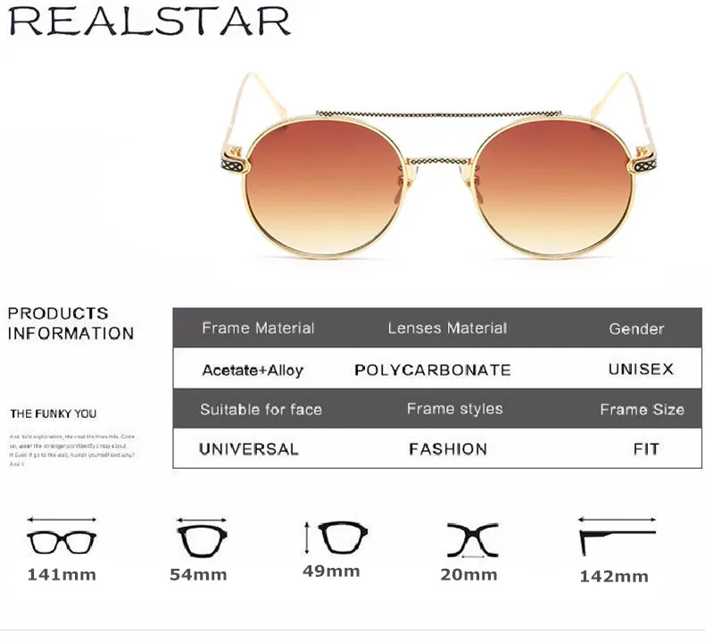 Realstar металл мода круглый Солнцезащитные очки для женщин для Для мужчин бренд Винтаж twin-лучей Защита от солнца Очки Для женщин Для мужчин очки UV400 Óculos s89