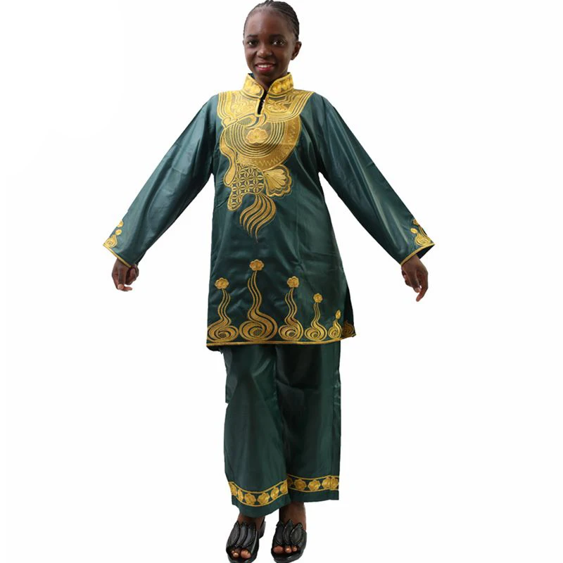

MD african clothes for women long sleeve tops and pants set with head tie gold embroidery pattern traditional african lady suit