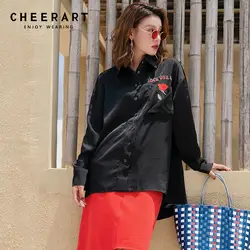 Cheerart осень 2018 черная рубашка Для женщин Роза вышивка Блузка с длинными рукавами свободные Топ Femme рубашка на пуговицах Костюмы