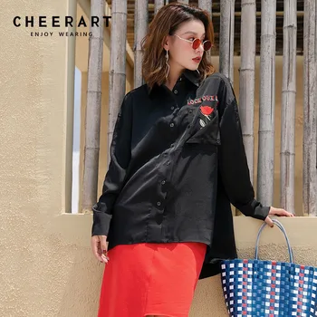 

Cheerart Autumn 2018 Black Shirt Women Rose Embroidery Long Sleeve Blouse Loose Top Femme Button Up Shirt Clothing