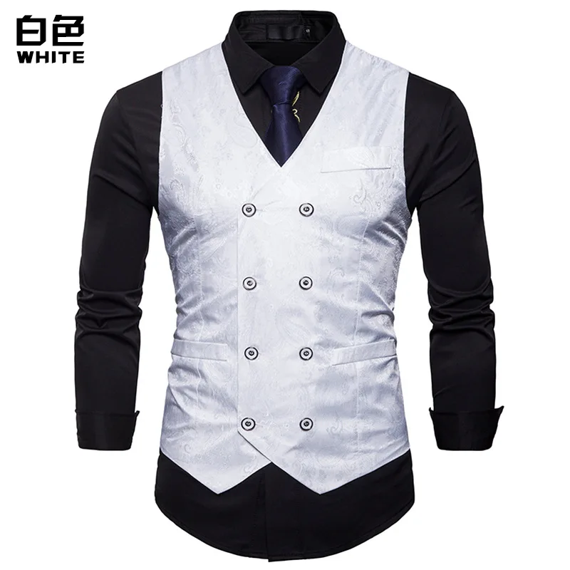 Men Double Breasted Dress Vests Chaleco Sleeveless Gilet Slim Printed  Sleeveless Waistcoat Men Suit Hombre For Party Wedding