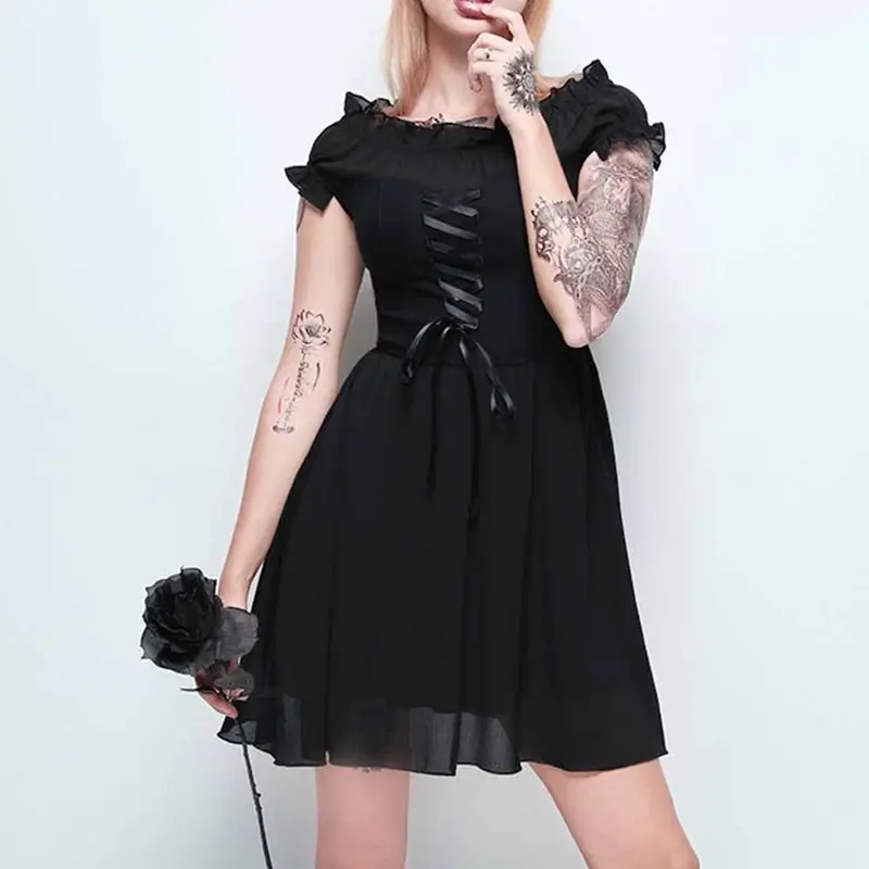 

Summer Gothic Mesh Short Dress Elegant Off Shoulder Lolita Vintage Sexy Slim Lace Up High Waist Female Black Goth Casual Dresses