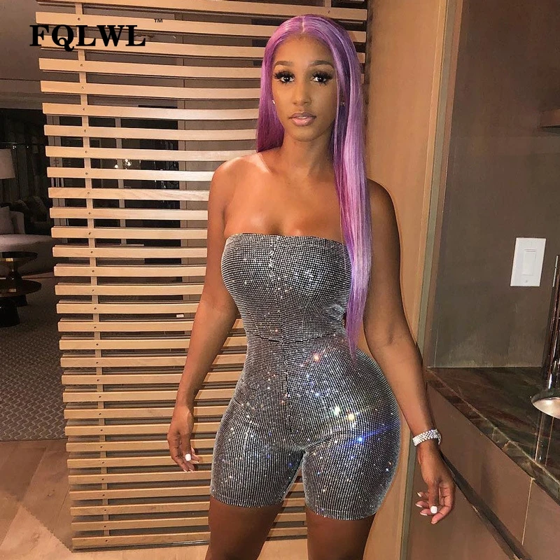 

FQLWL Glitter Sequin Strapless Backless Short Jumpsuit Women Romper Playsuit Off Shoulder Silver Bodycon Sexy Jumpsuit Female