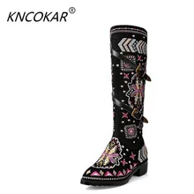 Г. Осенне-зимние сапоги на плоской подошве высокие сапоги из натуральной кожи ботинки на плоской подошве трендовые ботинки с вышивкой в национальном стиле