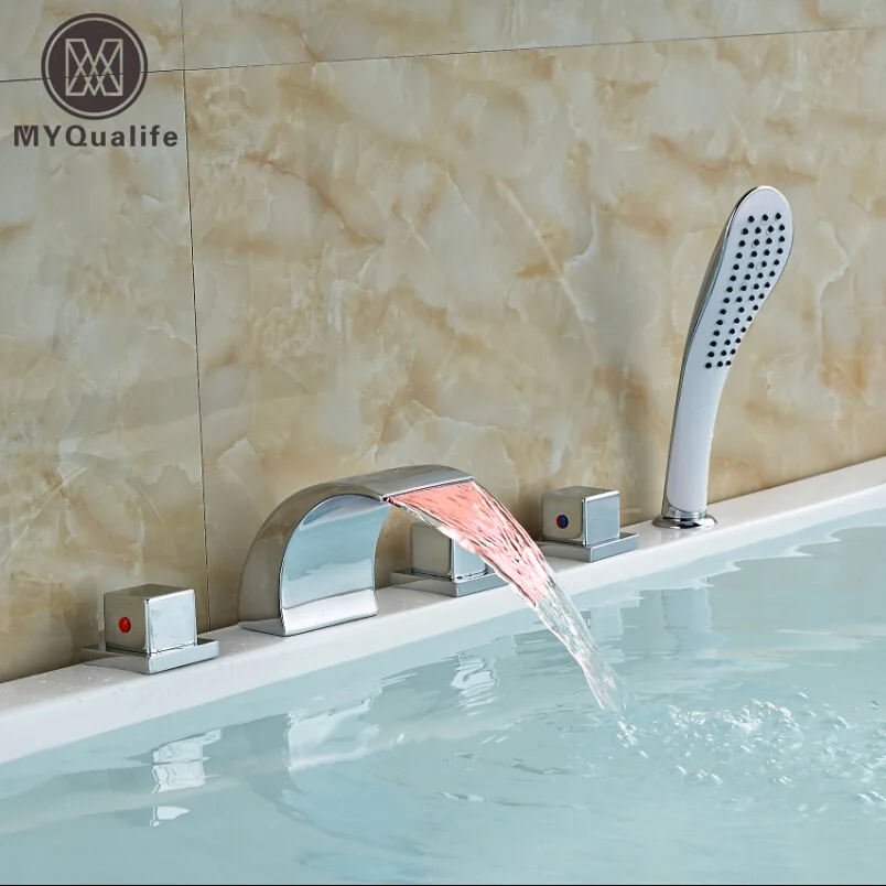 

Luxury LED 3 Color Changing Waterfall Bathtub Mixer Taps Deck Mount Three Handles Bath Tub Faucet with Handshower