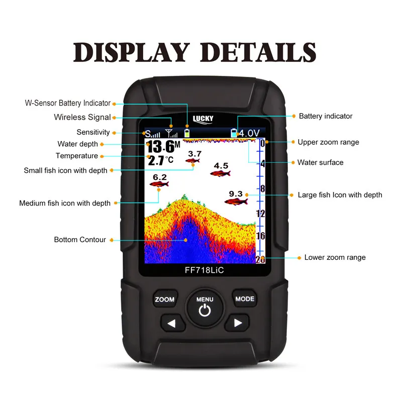 Fish Finder Fishing Light Lucky FF718LiC-WLA Wireless Portable Fish Finder 45M/147Feet Sonar Depth Waterproof Fish Attractive Lamp
