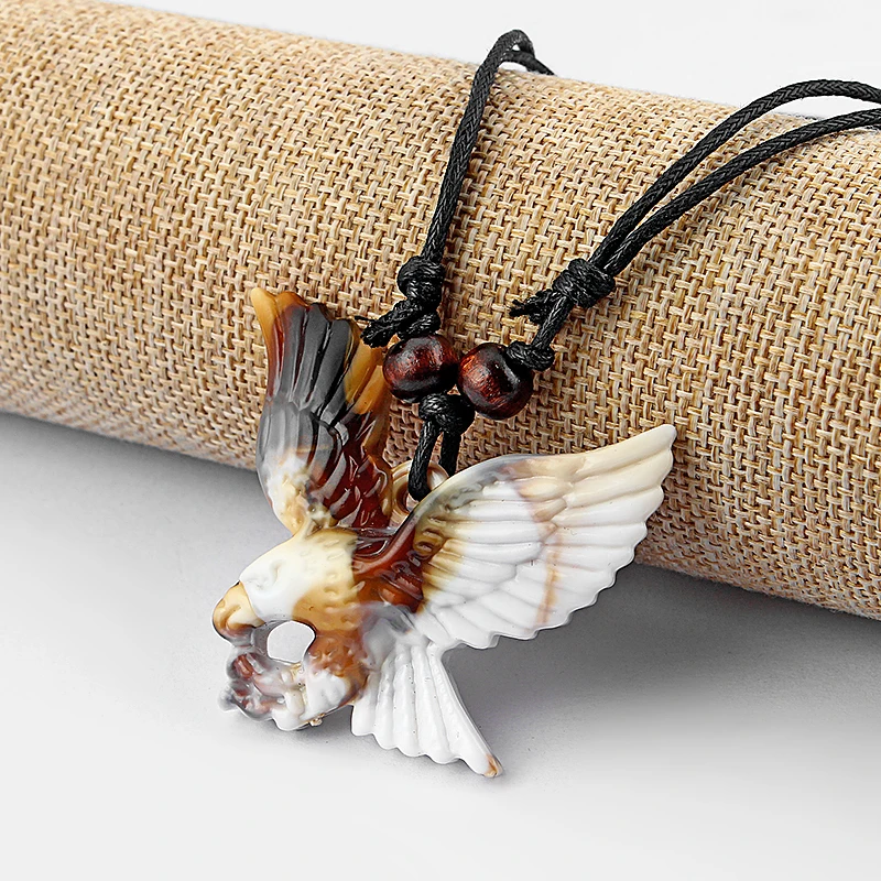 

1Pcs Faux Yak Bone Large Eagle Pendant Necklace Black Wax Cotton Cord Surf Necklace Jewellery