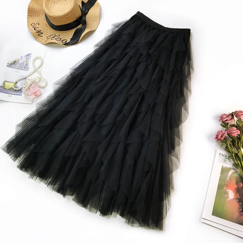 

Fashion Tutu Tulle Skirt Women Long Maxi Skirt 2019 Spring Summer Korean Black Pink High Waist Pleated Skirt Female