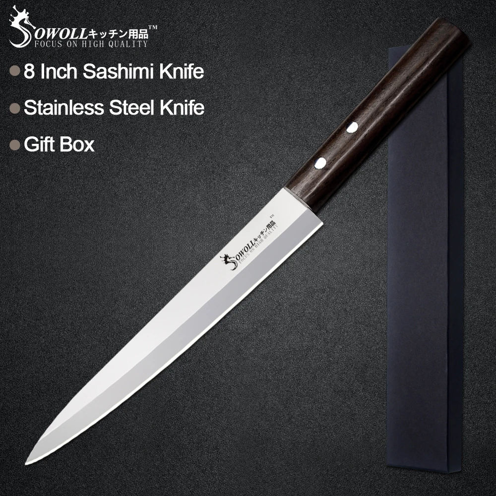Sowoll Kitchen Stainless Steel Knife High Carbon Sharp Blade Color Wood Handle Sashimi Knife Meat Sushi Fishi Cooking Tools Sowoll Kitchen Stainless Steel Knife High Carbon Sharp Blade Color Wood Handle Sashimi Knife Meat Sushi Fishi Cooking Tools