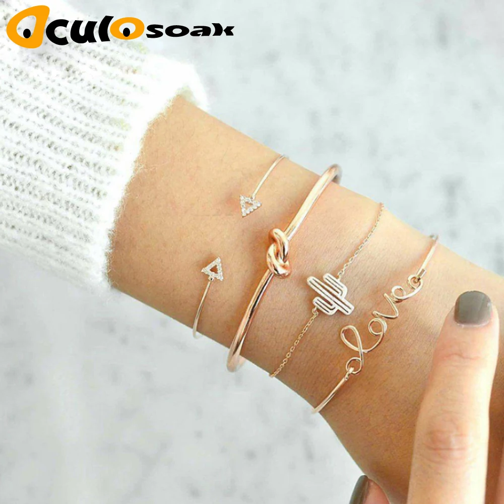 

4PCS/Set Retro Knotted Cactus Triangle Charm Chain Bracelets for Women Fashion Gold Chain Bracelets Bangles Jewelry