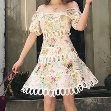 Sexy off shoulder hollow out dress New 2019 summer floral print beach style dress A059 off shoulder random floral print dress in pink