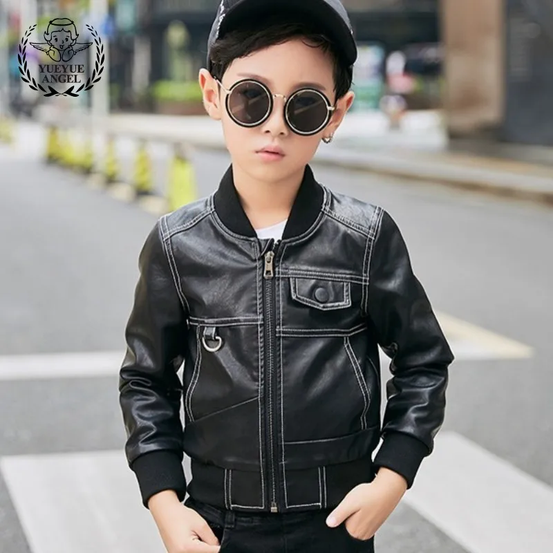 

Fashion Boys Pu Leather Pilot Bomber Jacket Kids Slim Fit Autumn Winter Casual Streetwear Leather Coat Punk Stand Collar Jackets