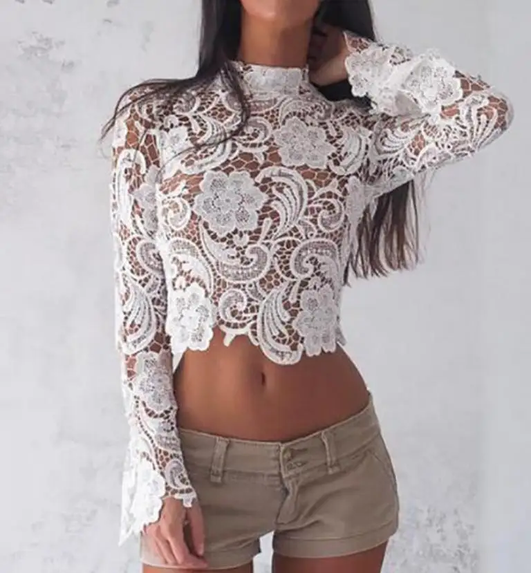

Sexy Lace T Shirt Women Ladies Long Sleeve Shirt Embroidery White T-Shirts Cropped Top See Through Shirts