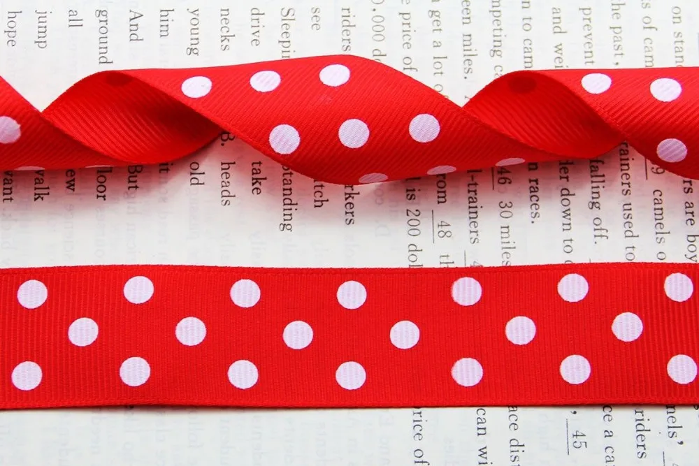 

Free shipping 1" (25mm) Grosgrain ribbon Polka Dots printed red ribbon with white dots, DIY hairbow accessories, gift package