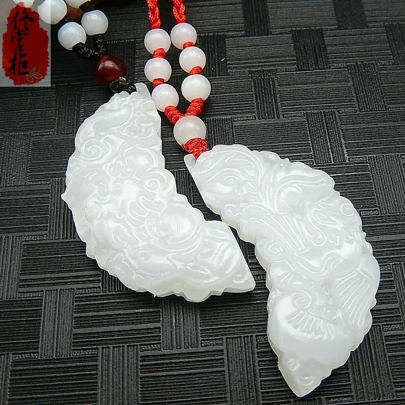 Пара белых Синьцзян Дракон Нефритовое ожерелье кулон и пара нефрит кулон
