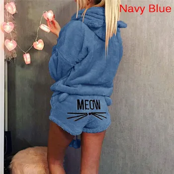 

Autumn Winter Long Sleeve Bear Ear Tops And Shorts Pajama Set Women Flannel Hooded Warm Sleepwear Nightwear
