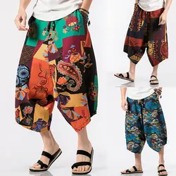 Большие размеры мужские шаровары Традиционный китайский стиль Печатные мешковатые хлопковые брюки мужские широкие брюки хип-хоп джоггеры