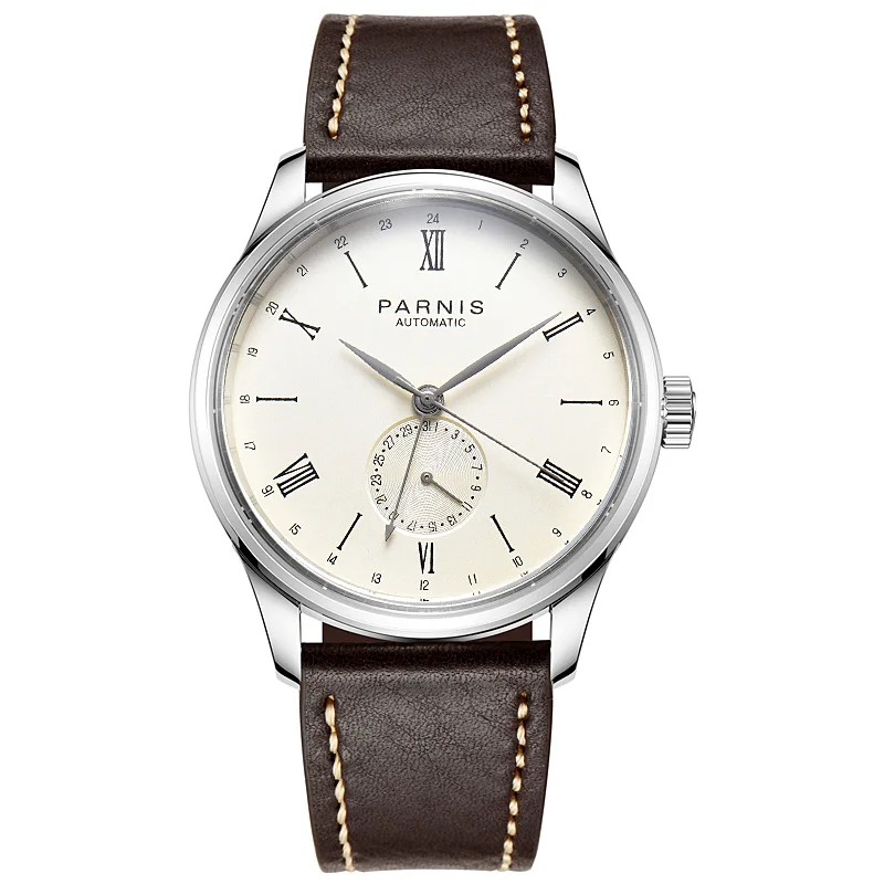 Анонсированные механические часы Parnis, автоматические часы от ведущего бренда, мужские часы GMT, деловые классические кожаные водонепроницаемые мужские часы - Цвет: silver case yellow