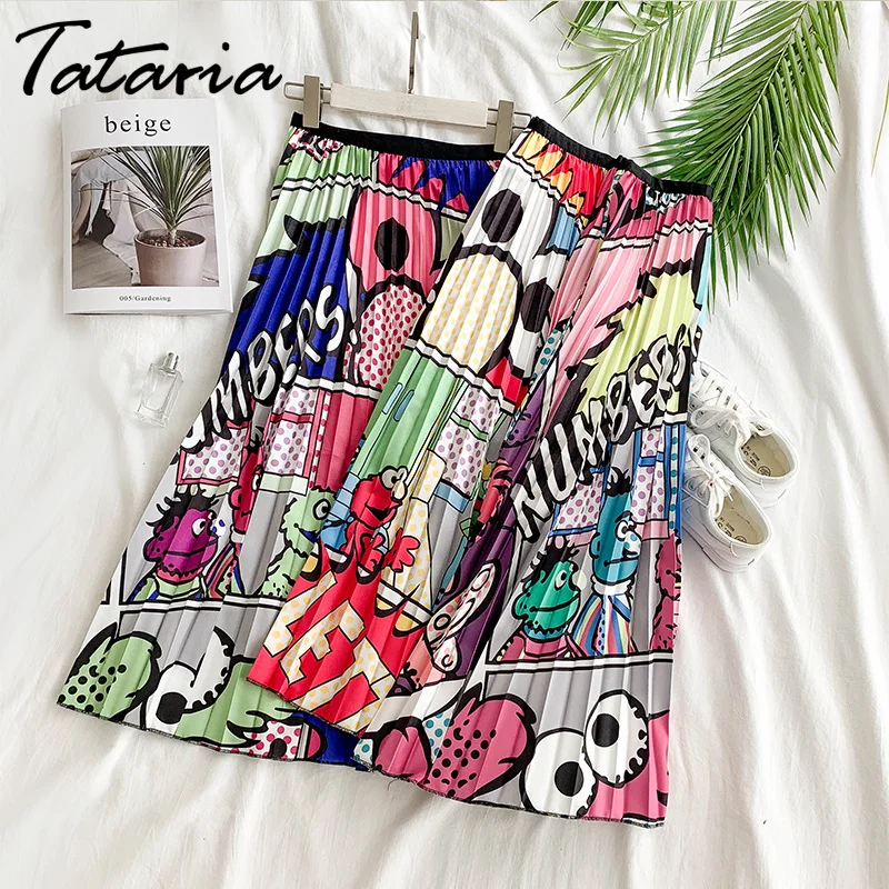 

Women's Cartoon Skirt Spring Midi Calf Length 2019 Europen Long Pleated Midi Skirt High Waisted Female Streetwear Skirts Womens