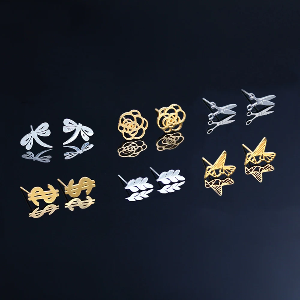 

elf scissors leaf flowers bird feathers unicorn gold stud earrings for women silver brincos earing fashion earring accessories