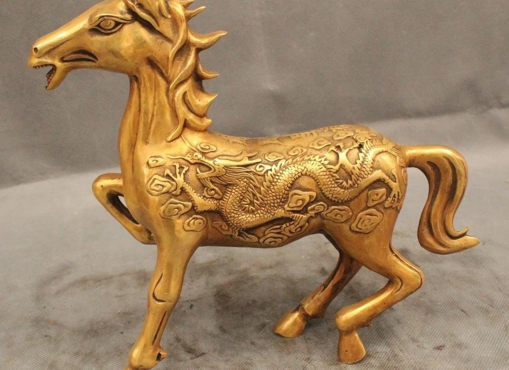 

10" Chinese Brass Dragon Phoenix Zodiac Year Tang Horse Successful Statue