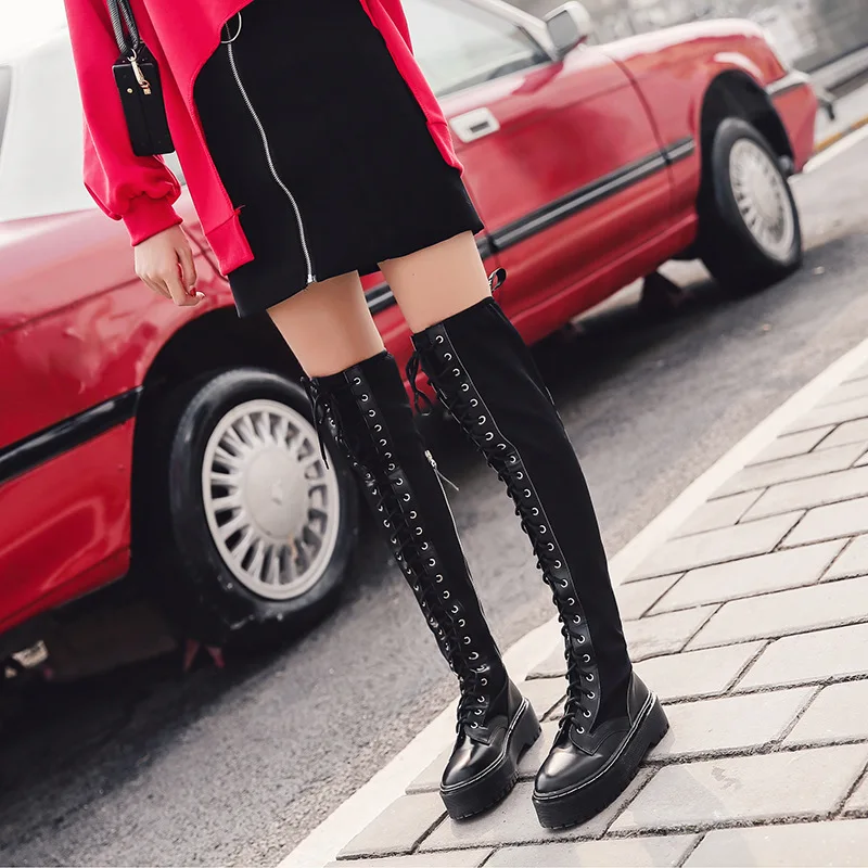 

2018 autumn and winter stretch cloth British College wind thick bottom with Martin boots long tube over the knee women's boots.