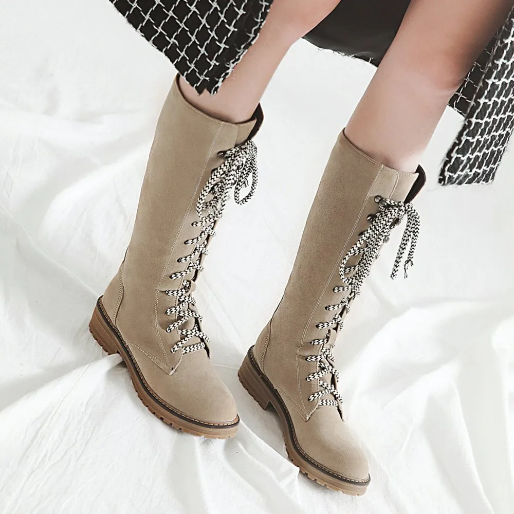

Women Flat Shoes Middle Tube Flock Lace-Up Round Toe Boots Casual Ladies Footwear European Botas Mujer New Arrival