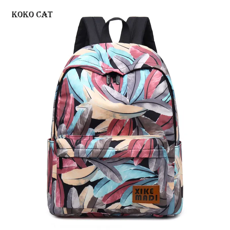 

Canvas School Backpack Travel Bag Teenage Girls Schoolbag Large Capacity Waterproof Women Colour Leaf Printing Female Rucksack