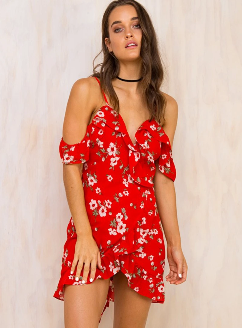 Off shoulder strap mini red deress chiffon floral print beach dress