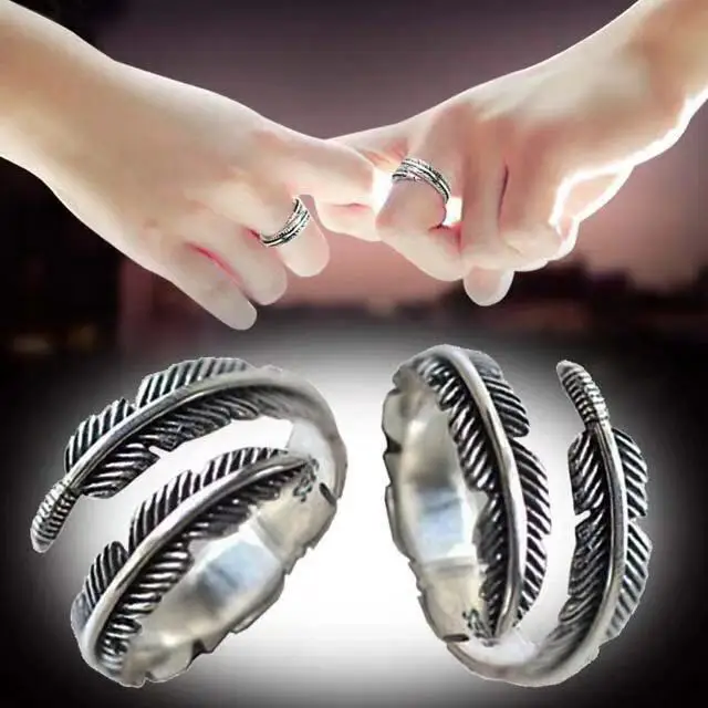 

Fashion retro feather personality split ring of ancient silver