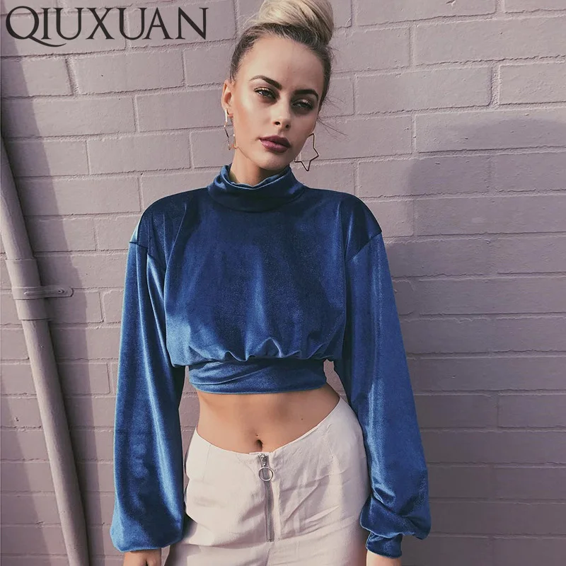 

Qiuxuan Spring Autumn Women Velvet High Neck Long Sleeves Tops Fashion Solid Color Lantern Sleeve Ladies Sweatshirt Multicolor