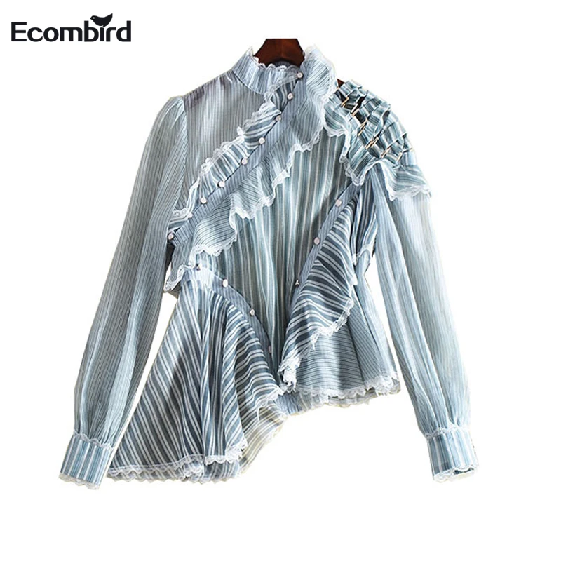 Women Blouses Shirts Ecombird New Arrival Long Sleeve Ladies Shirt Perspective Irregular Ruffles Button Woman Fashion Tops 2018 Blouses