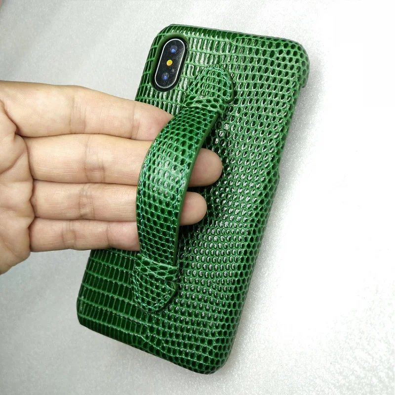 

Real Genuine Leather Holder Thin Case For iPhone XS Max XsMax Cell Phone Luxury Lizard Hand Strap Ultra Slim Hard Cover Solque