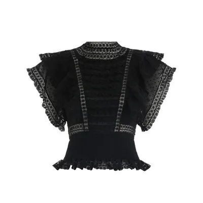 Черный ВЗЛЕТНО посадочной полосы дизайнер Boho Chic Топы корректирующие для женщин Винтаж Элегантный оборками белый/черный кружевные лоскутные кофты Короткие - Цвет: Черный
