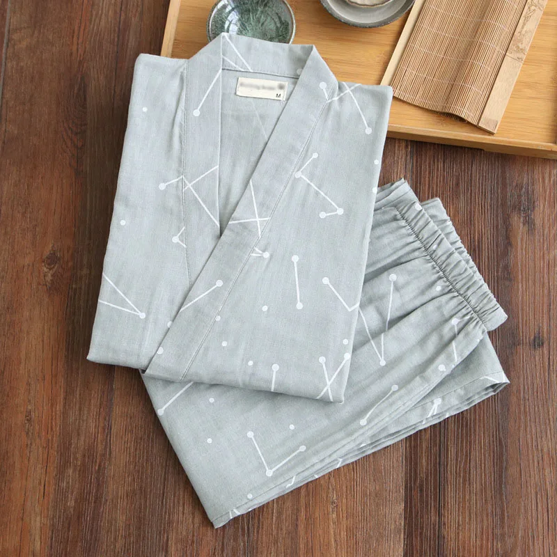 Men Grey Pajama Тканые хлопковые японские пижамы, кимоно с v-образным вырезом, мужские пижамы, Hombre, пара, весна-лето, для отдыха, повседневная одежда, длинные штаны, комплект - Цвет: Men Grey Pajama