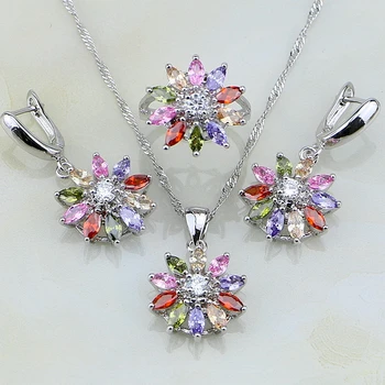 

925 Sterling Silver Jewelry Flower Multi-color stones Jewelry Sets For Women Wedding Earrings/Pendant/Necklace/Rings