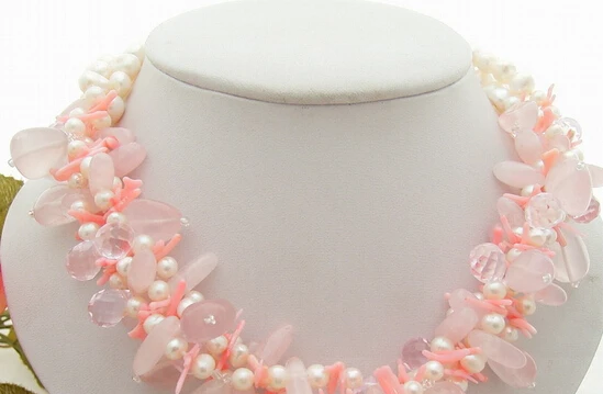

huij 003525 4Strds Pearl&Pink Quartz&Coral& Crystal Necklace