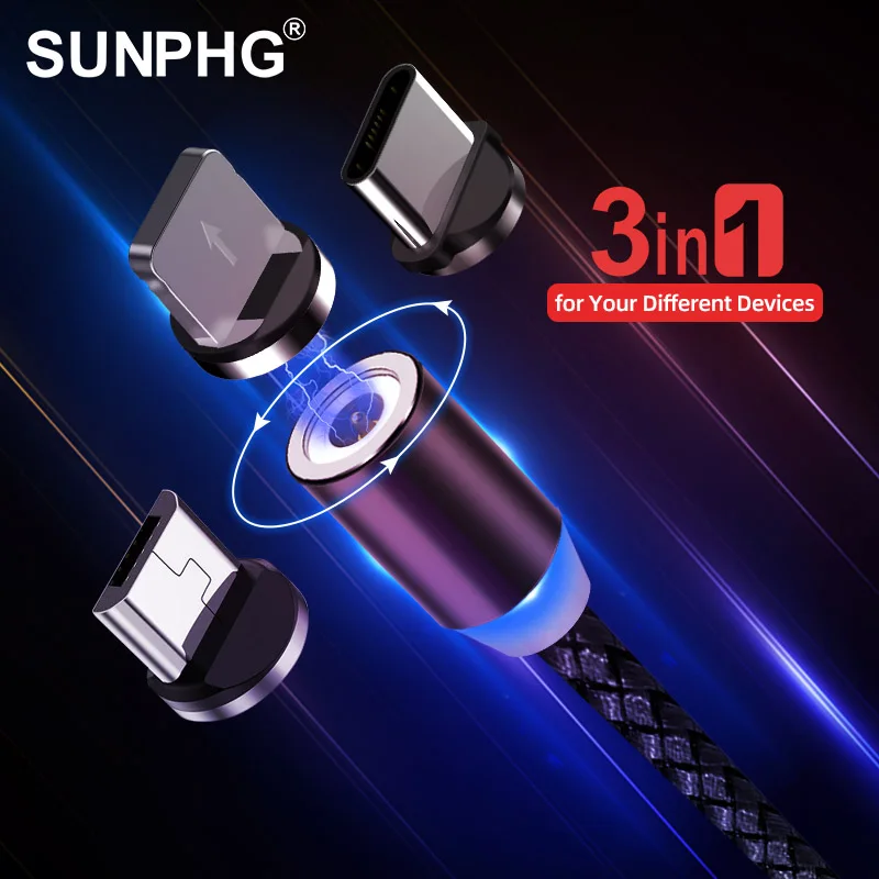 

SUNPHG 3 in 1 Round Magnetic Charging Cable Micro USB Type C Charger Cable for iPhone Lightning Magnet Phone Charge Wire