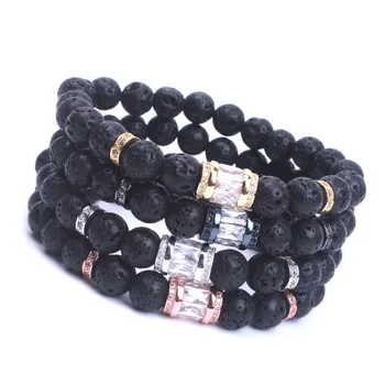 

4pcs/lot strand bracelet Fashion Women's men's bracelet Lava stone with CZ charm crystal beads bracelet elastic wholesale