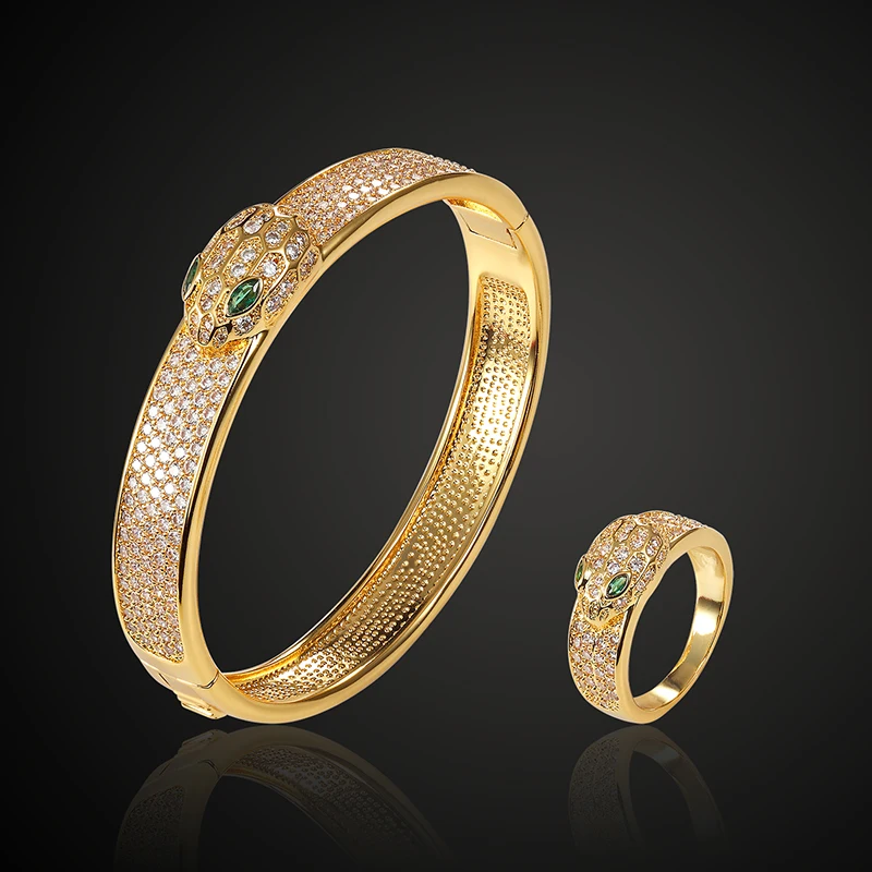Lanruisha Copper 3A zircon Animal snake Bangle with Rings jewelry Set Bangle Rings Accessory Sets women Bangle fashionjewely