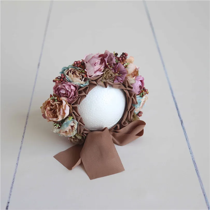 Vintage Newborn Flower Bonnet Baby Girl Floral  Hat Photography Props Newborn Flower Hat Photo Prop 5