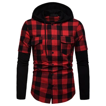 

2019 Spring Autumn men's Shirt Slim Fit Men Long Sleeve Hoodeds Shirt Men plaid shirts Male Casual Mens Shirt Large size S-2XL