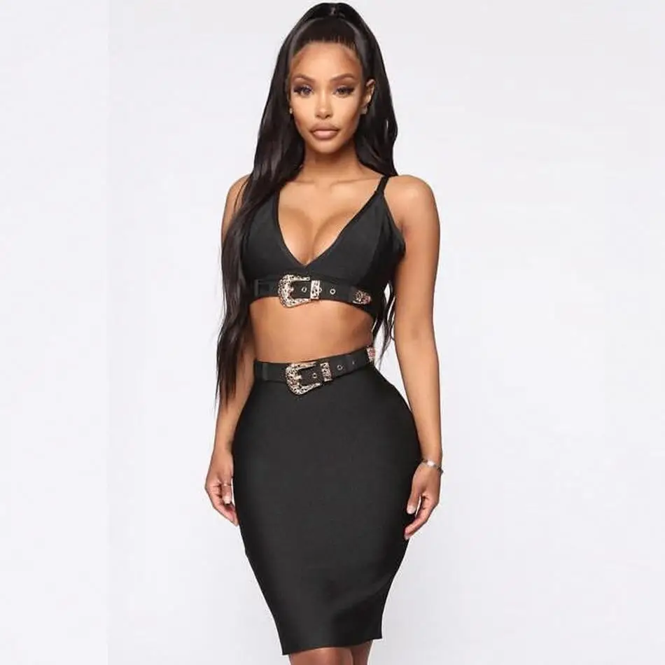 

New Celebrity Evening Party Bodycon Bandage Dress Women Spaghetti Strap V-Neck 2 Two Piece Set Sexy Club Dress Women Vestidos