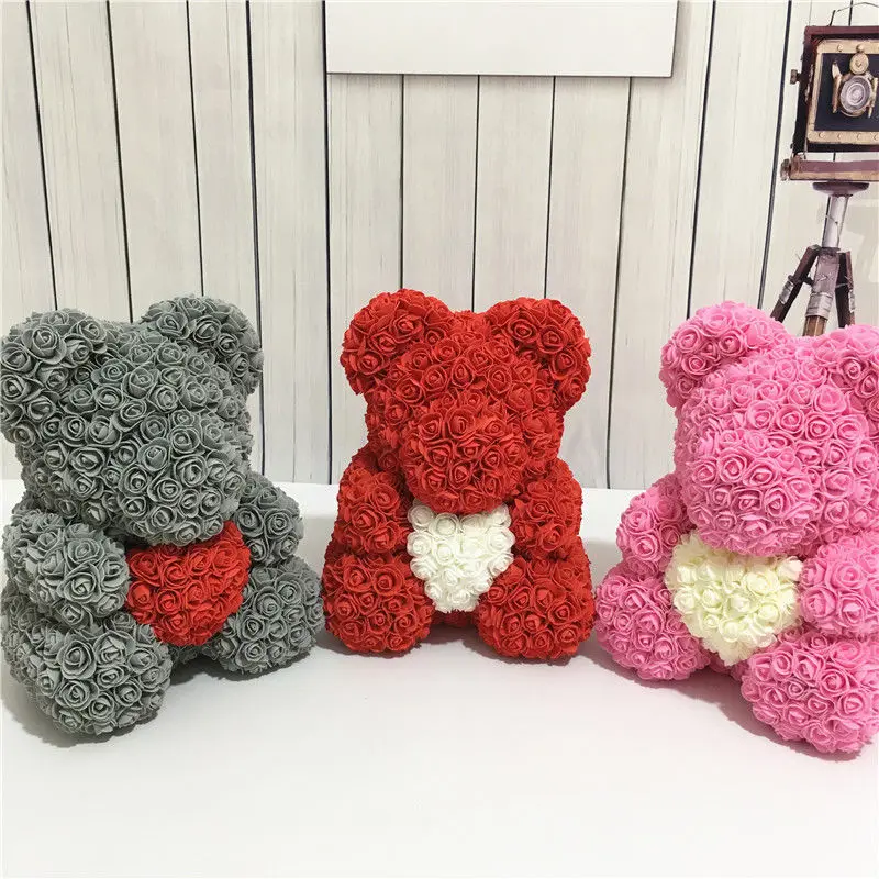 Lovely Big Red Rose Flower Bear Toys Ornaments Gifts for Valentines's Day 25cm Store Gift on march 8