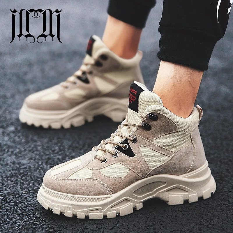 

MUMUELI beige black white 2018 Designer Casual Chelsea Snow Men Shoes High Top Quality Fashion Luxury Flat Brand Work Boots 9226