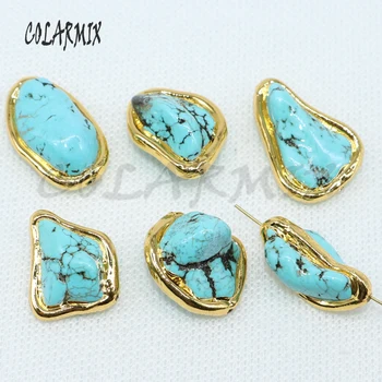 

Handcrafted Natural irregular blue stone charms hole beads electroplate golden stone Mix color oval jewelry finding beads 4934