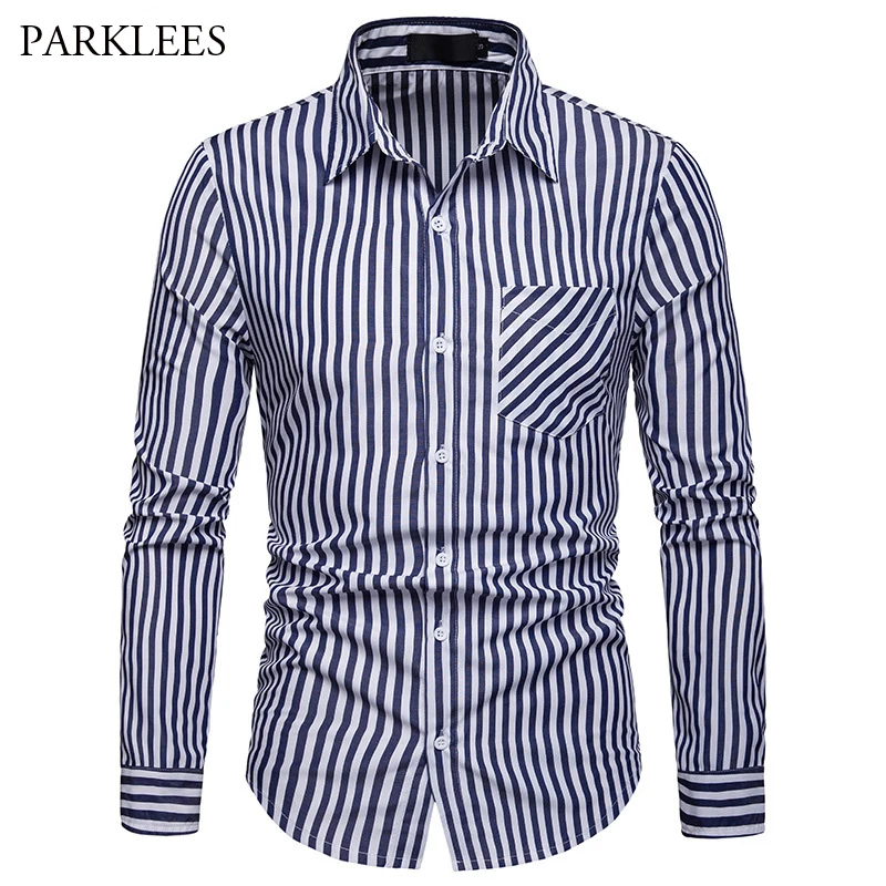 Mens Vertical Striped Shirt Men Casual Long Sleeve Male Navy Blue Dress