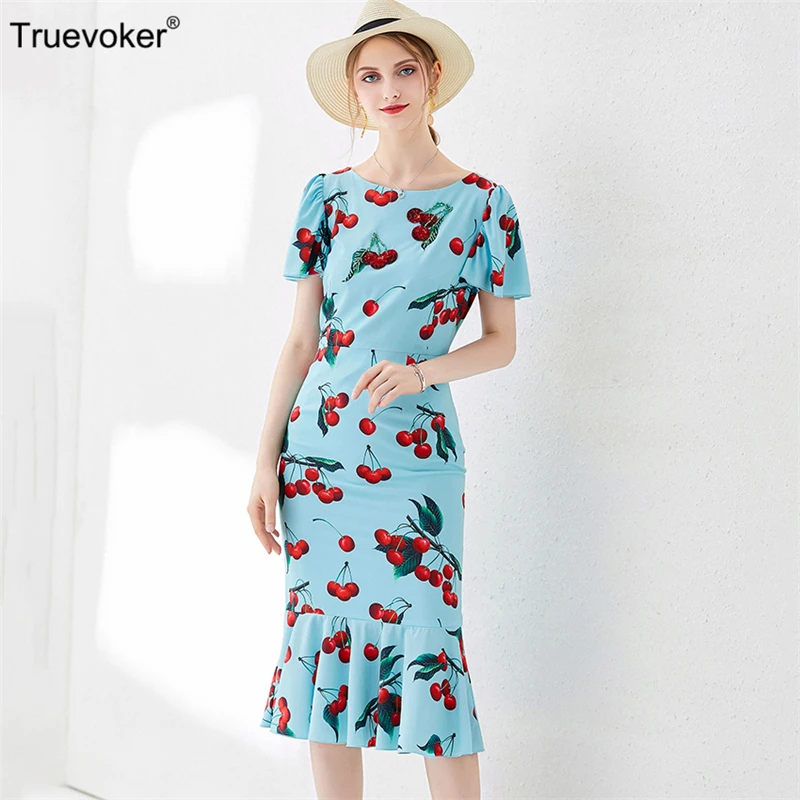 

Truevoker Summer Designer Dresses Women's High Quality Short Sleeve Blue Cherry Printed Diamond Beading Mermaid Vestidoes