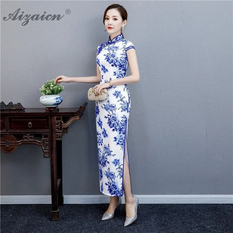 Весна Осень Новые Длинные Cheongsam современный Синий Белый Тонкий Платья Восточный стиль печати Qi Pao китайское традиционное платье женщины